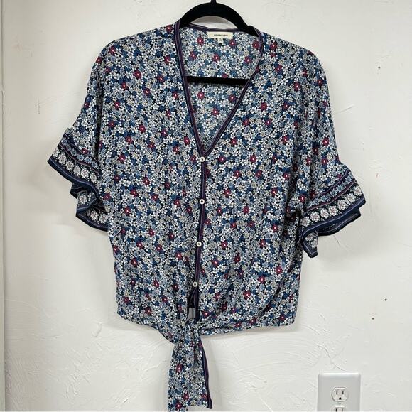 Max Studio Ditsy Floral Blue & Pink Flared Sleeve Tie Front Blouse S - Picture 1 of 9